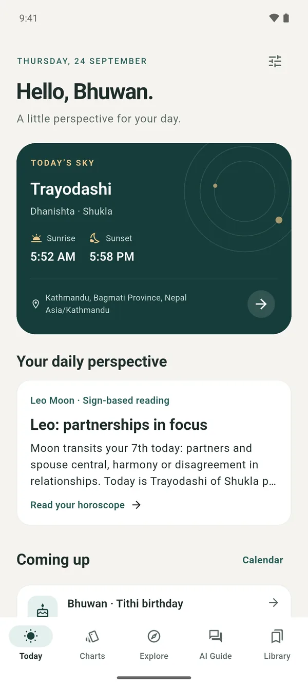 The Today screen in the AstroMaster Android app